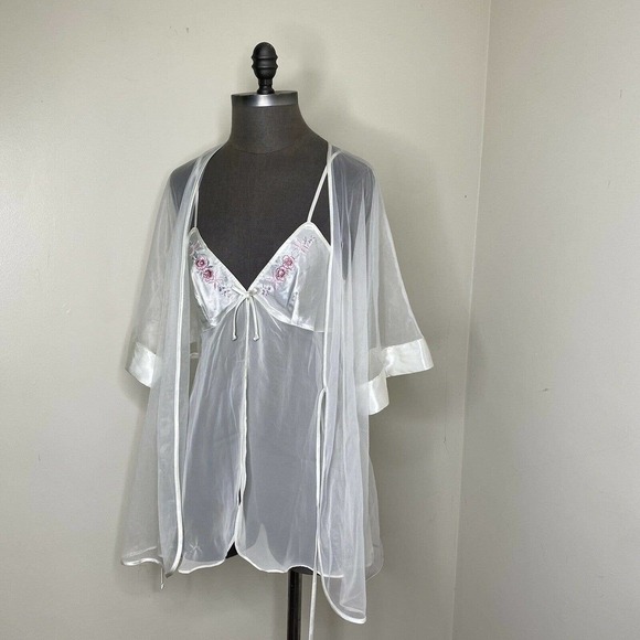 Vintage Intimo Amore Chemise with Robe Ivory set Sheer Satin Small - Picture 2 of 10